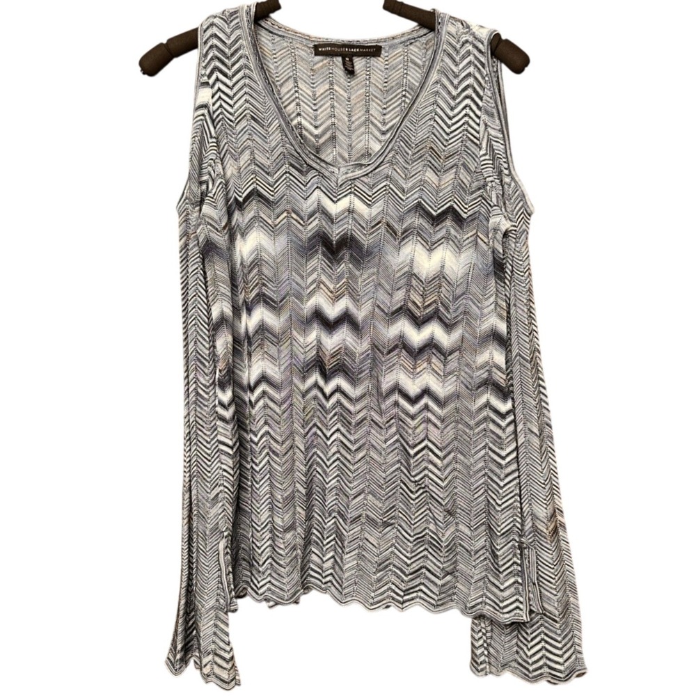 White House Black Market Cold Shoulder Zig Zag Knit Sweater Top M Blue Gray Whte
